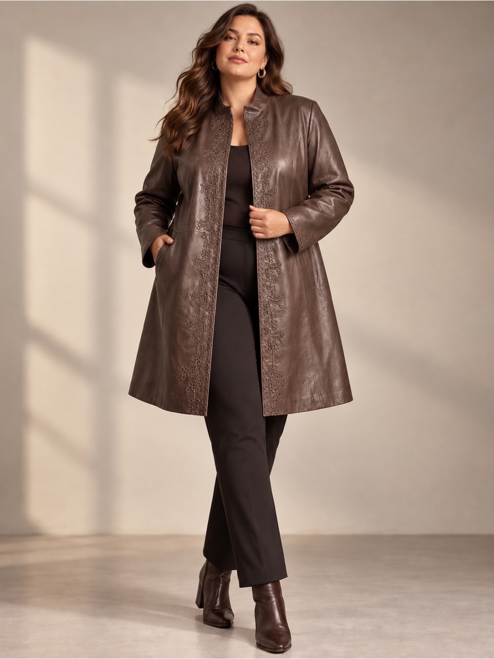 Vintage Genuine Leather Embroidered Long Jacket Brown Plus Size 2X